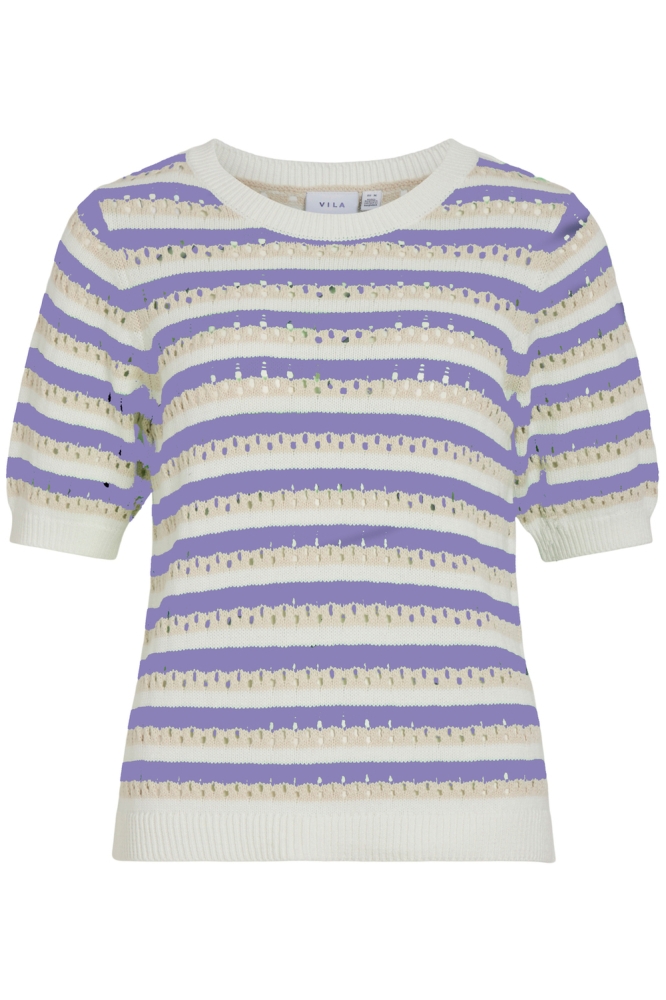 VIELINJA O-NECK 2/4 STRIPE KNIT TOP 14105650 SNOW WHITE/VIOLET